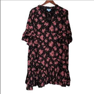 CeCe Tiered Dress 2X Floral  Ruffles Black Pink Knee Length Cottagecore Dainty